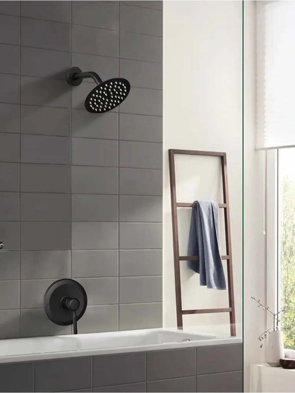 Matte Black Rain Shower Head and Valve Trim Set